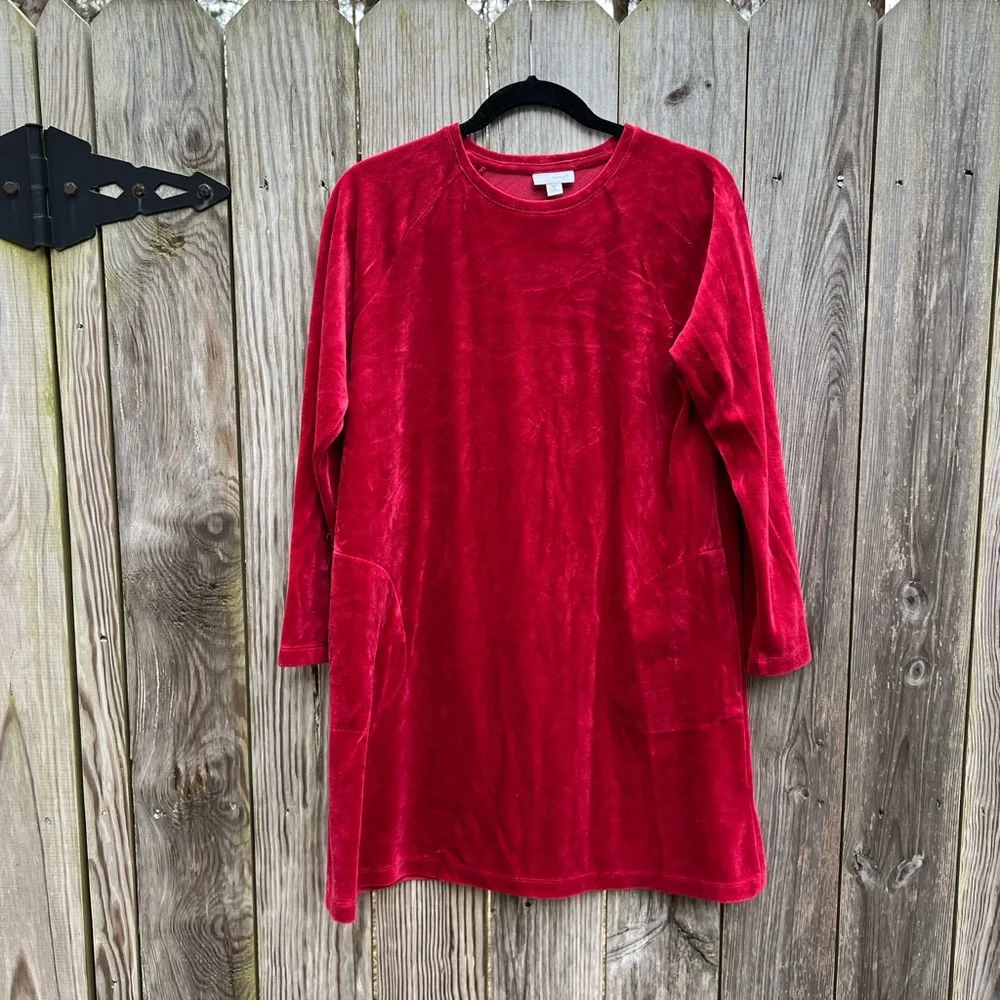 Pure Jill Red Velour/Velvet Tunic Long Sleeve Top with Pockets Sz Med Petite - Picture 3 of 9